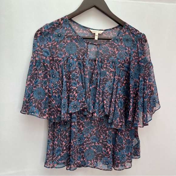 Rebecca Taylor Shibori Printed Blue Silk Ruffle Blouse Size S - Picture 7 of 12